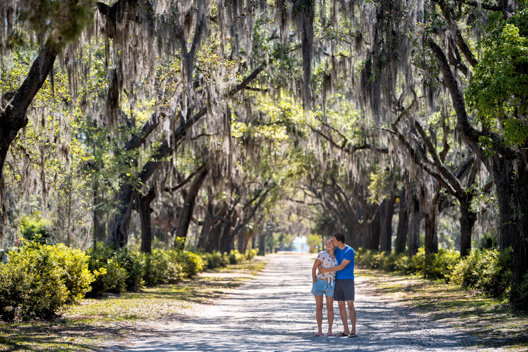 Street road landscape with oak trees path in Savannah, Georgia famous Bonaventure cemetery with Spanish moss and young happy romantic couple standing embracing love