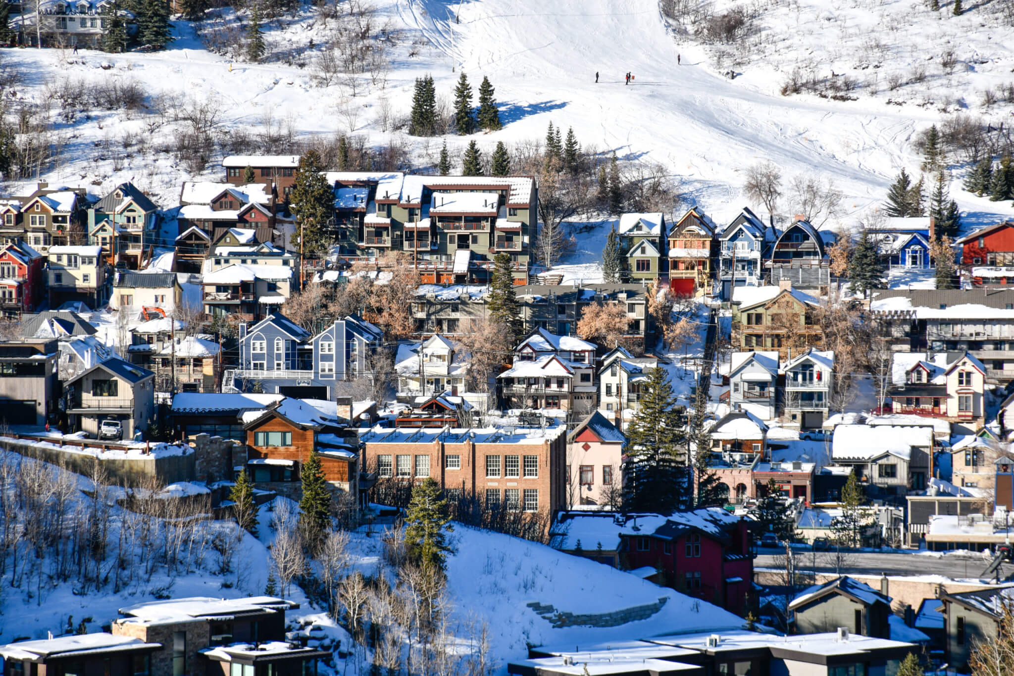 Vacation homes crowded on the hillside in the downtown Park City ski area during winter in the Wasatch Mountains near Salt Lake City, Utah