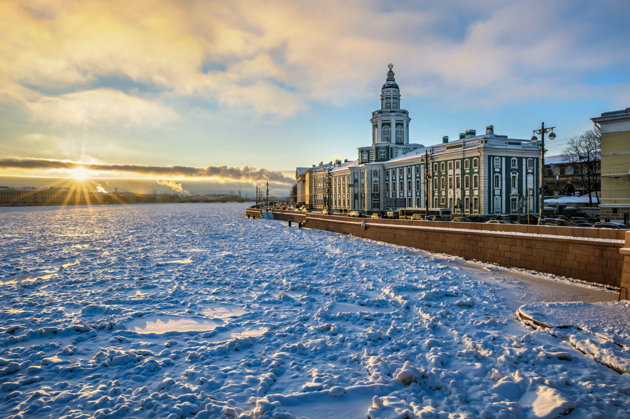 View on Kunstkamera museum and Neva river in winter, St Petersburg, Russia