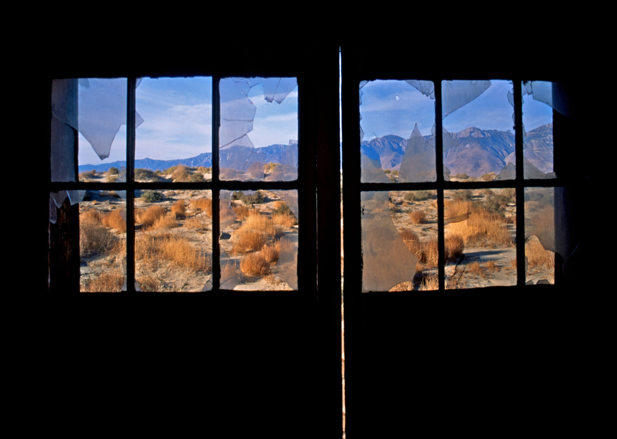 View out double door from Abandoned train depot in Keeler, California