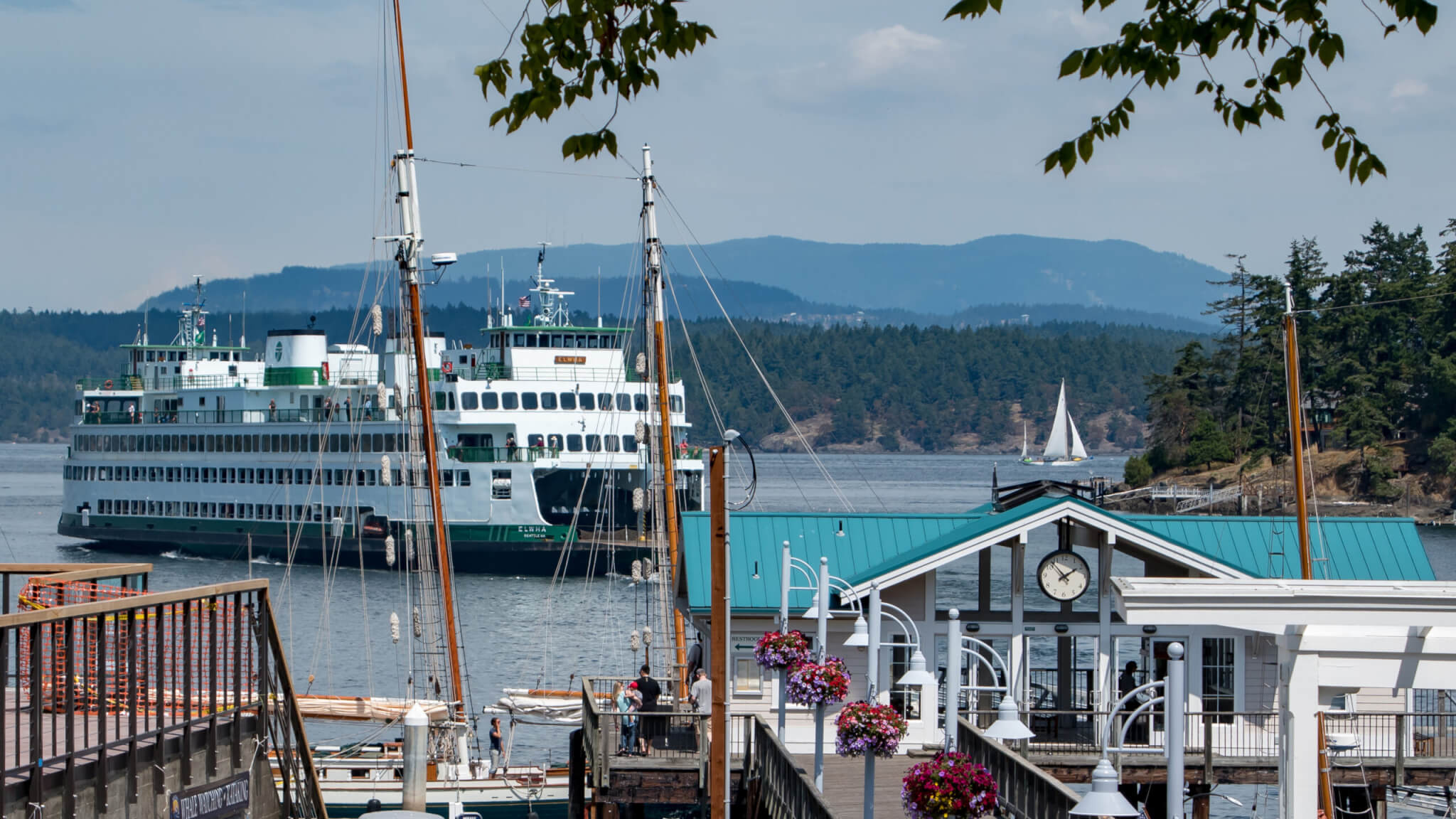 Washington State Ferry boat, "Elwha," departs dock at Friday Harbor, in the San Juan Islands in Washington State.