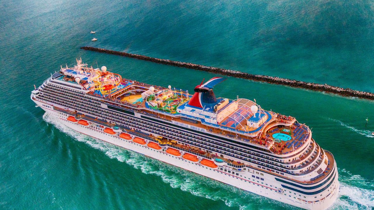 an aerial view of a cruise ship in the ocean
