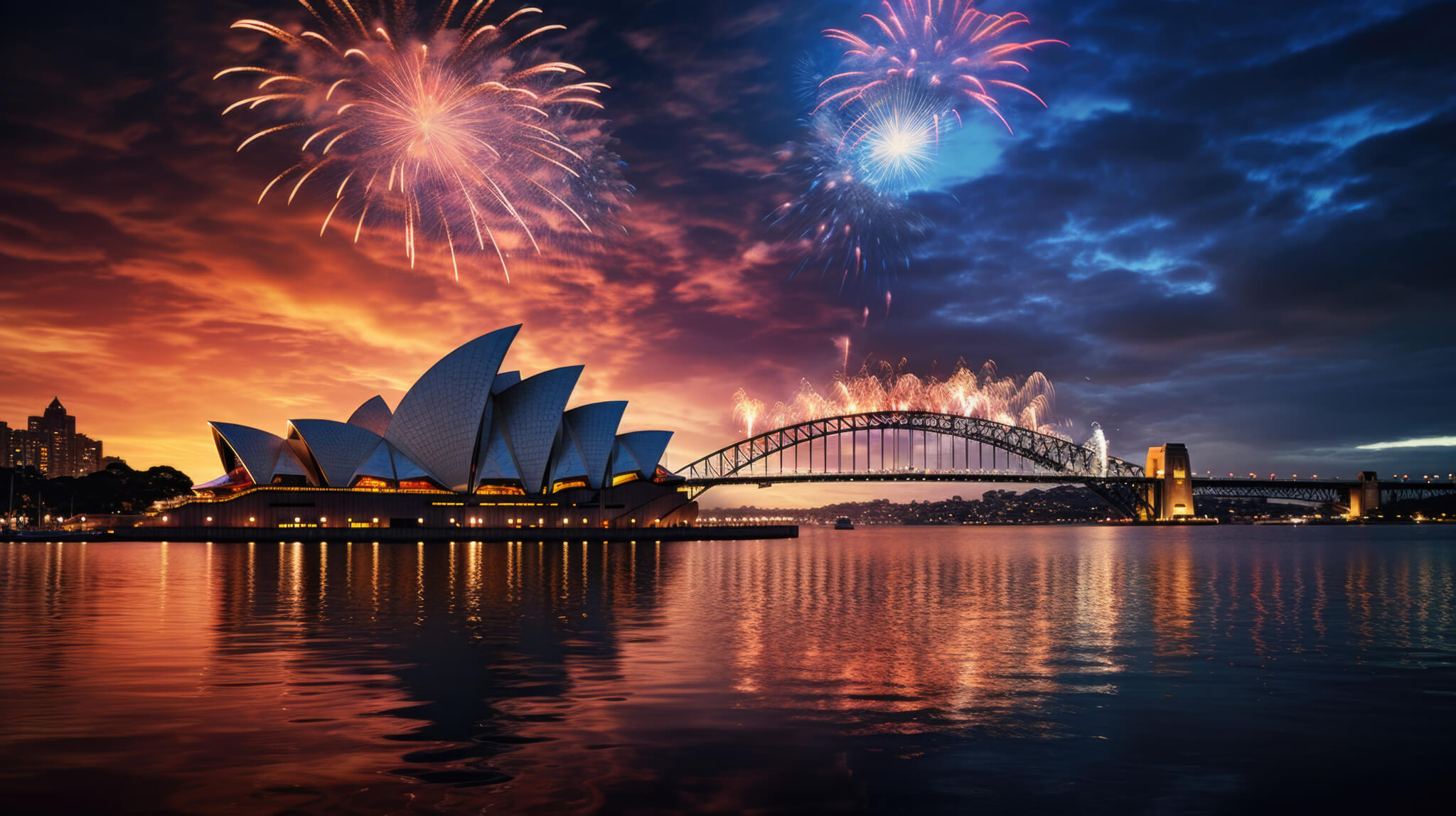New Year's Eve fireworks in Australia, reflections in the water and a back in the middle