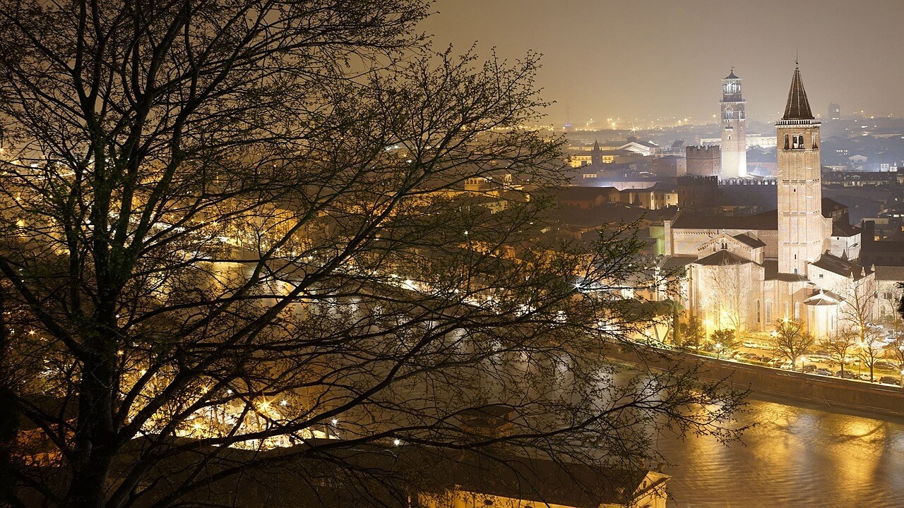 night view, verona, city