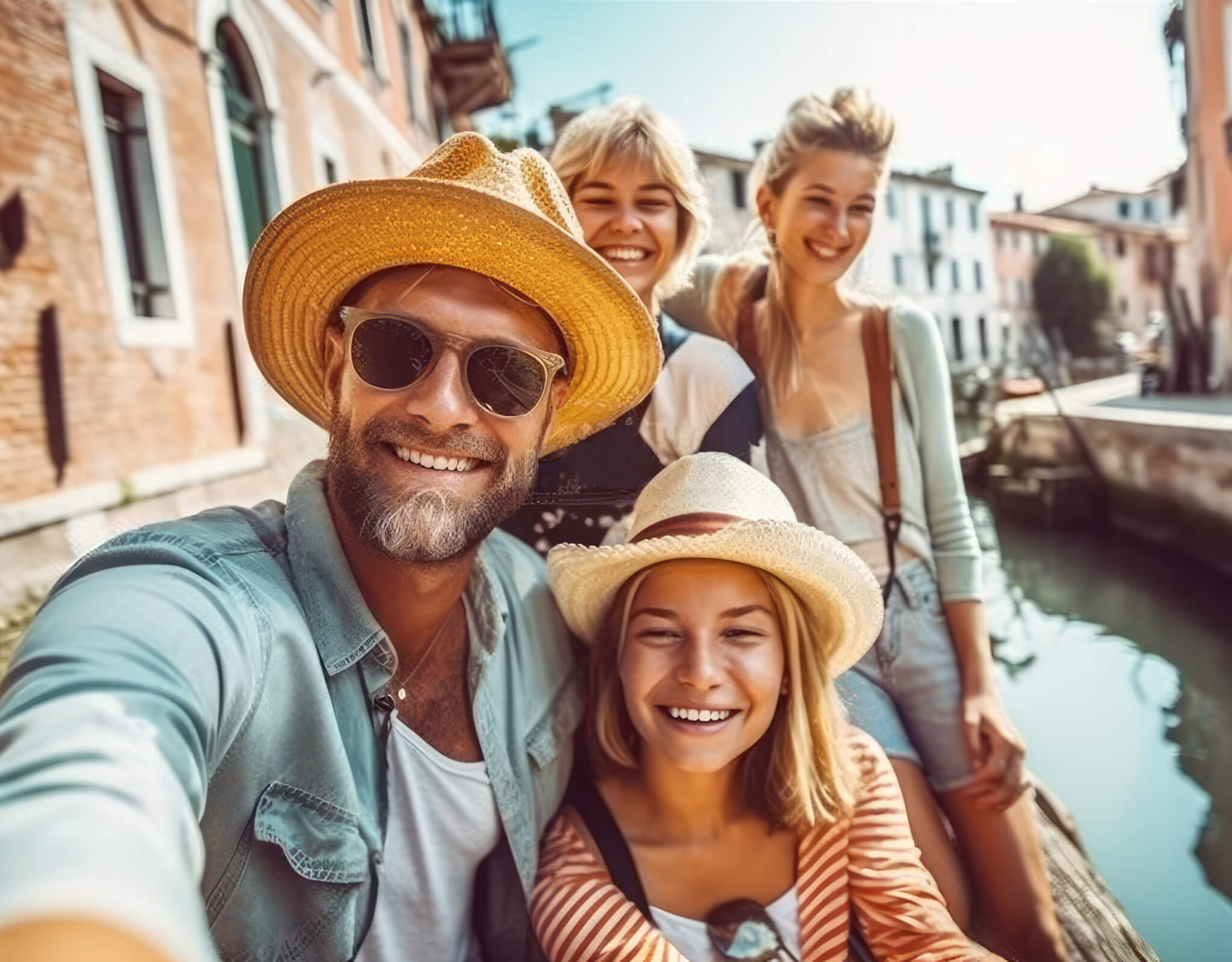 Pretty family taking a selfie on a bridge over a canal in Venice in the background in a sunny day. Generative AI