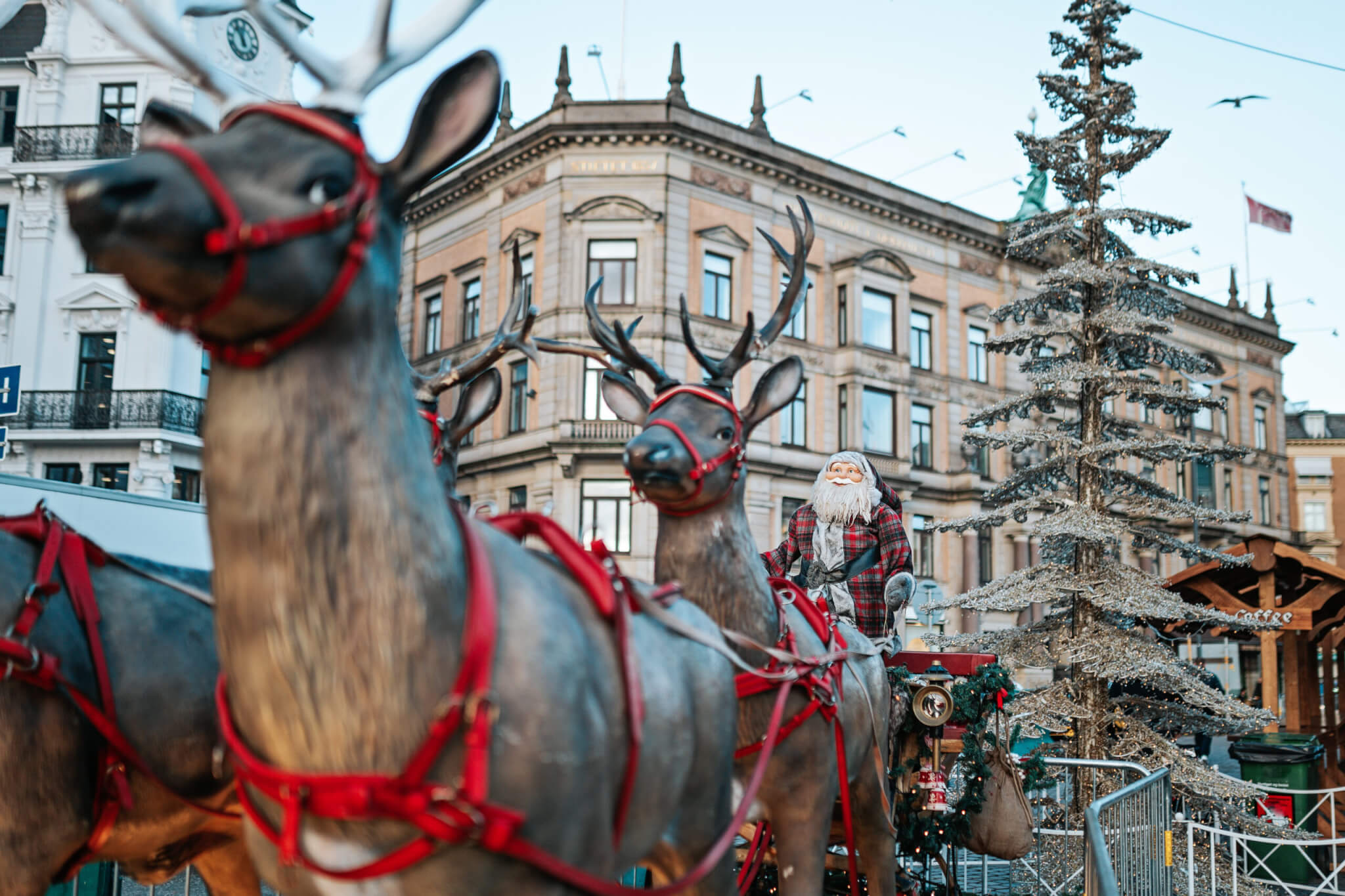 Reindeers with Santa claus at the Christmas market in central Copenhagen, Denmark