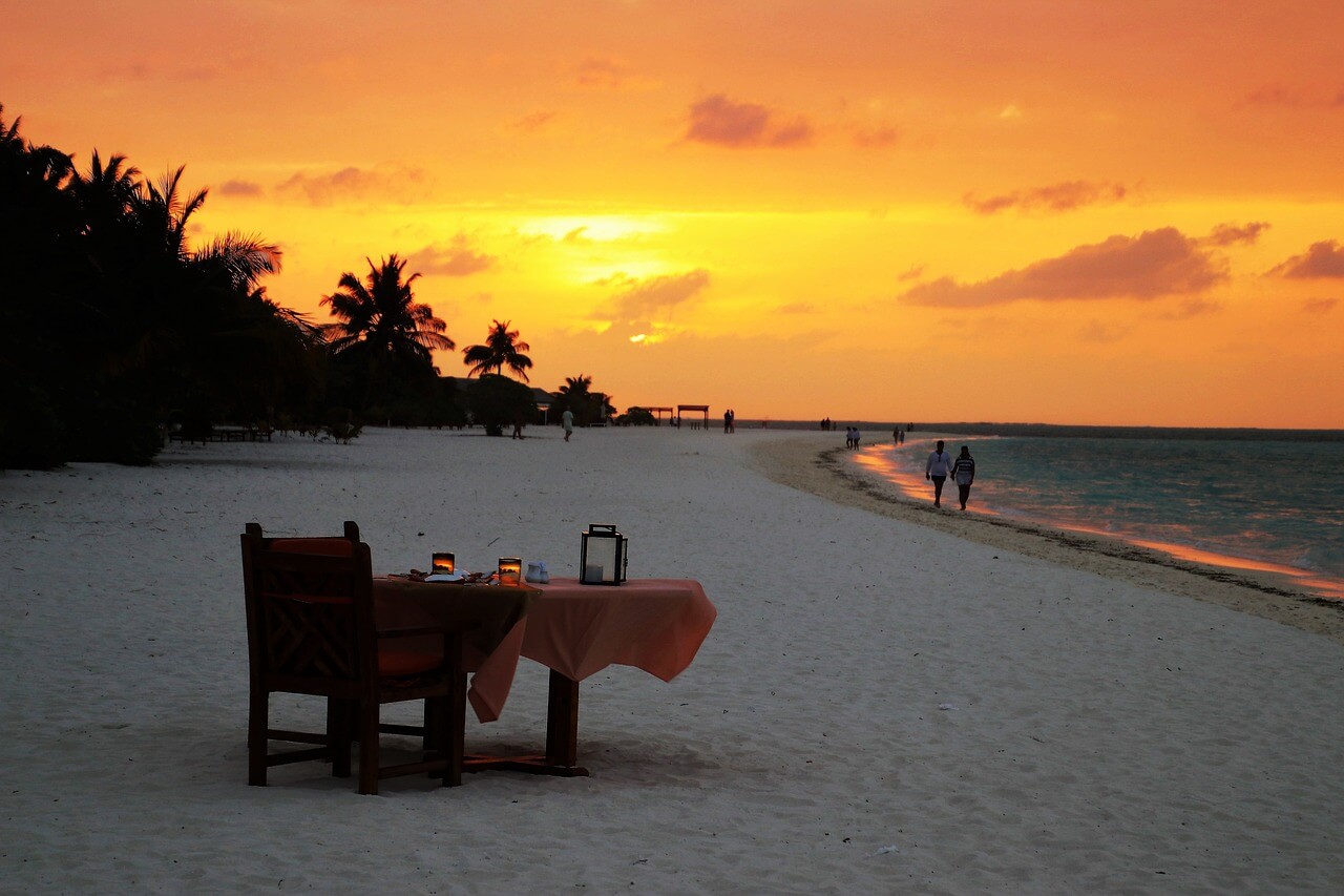 sunset, beach, table