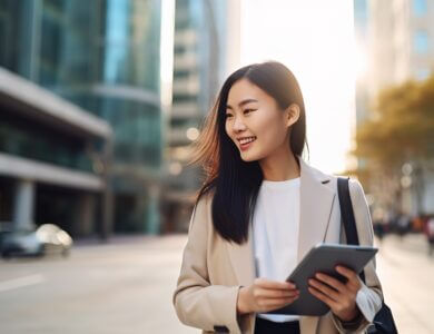 young busy happy asian business woman walking in a city