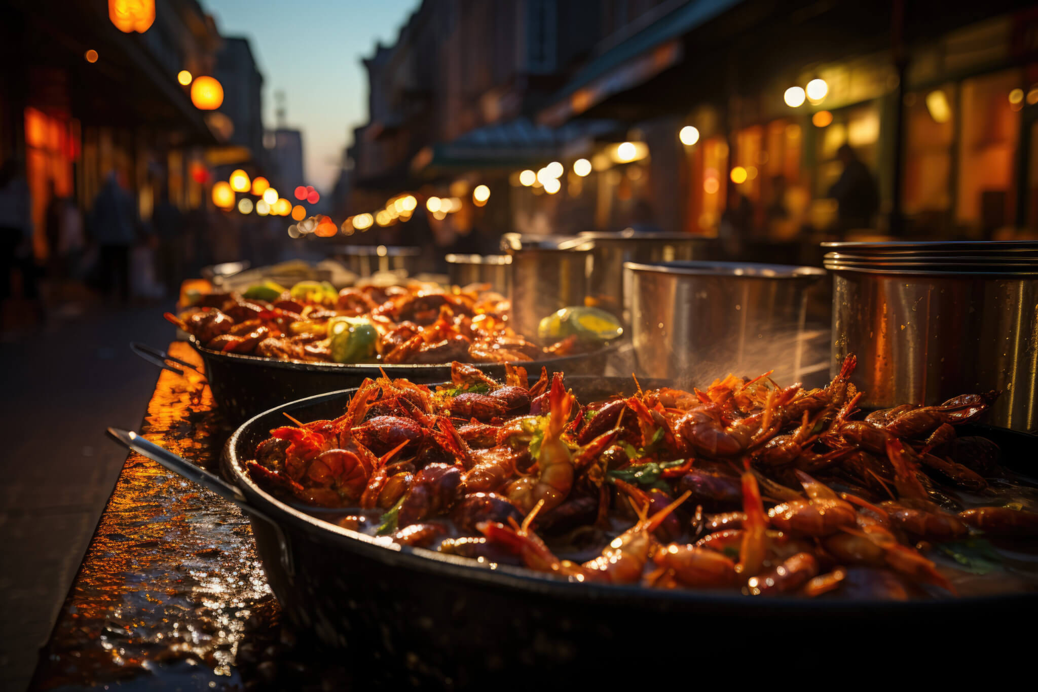 Louisiana Twilight Food Party. Lively Street Food Market at Sunset in New Orleans. Cajun Delights AI Generative.