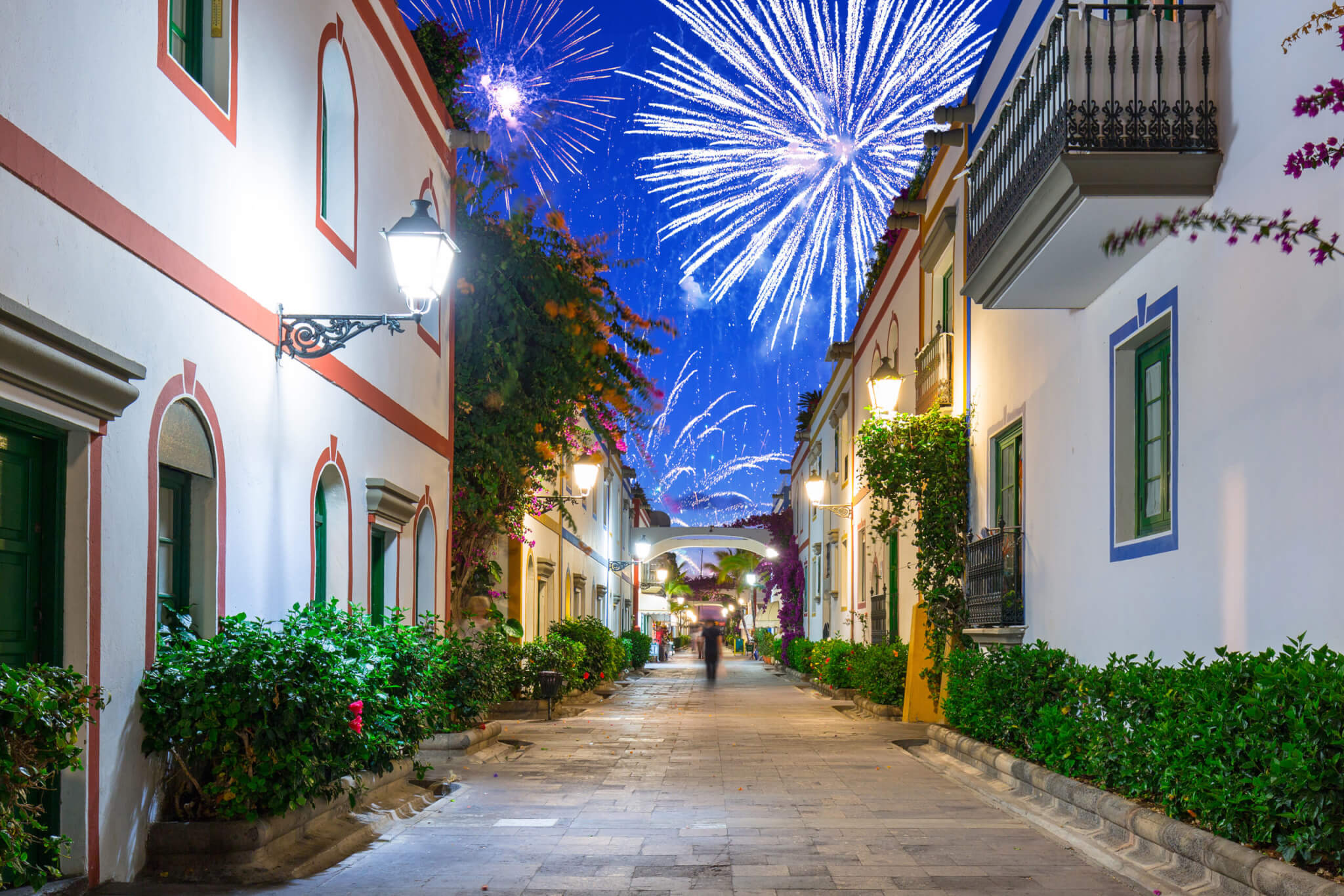 New years fireworks display over the Puerto de Mogan town, Gran Canaria. Spain.