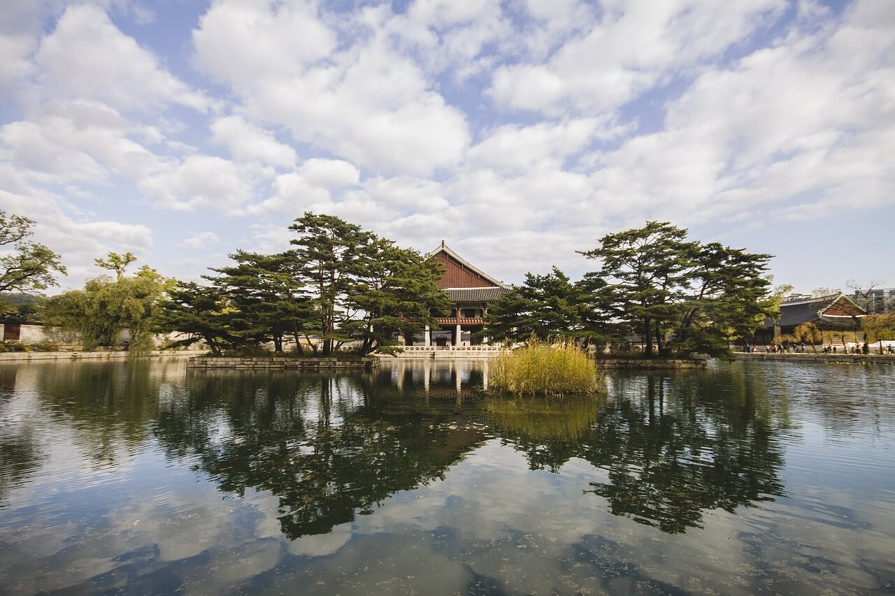 south korea, temple, lake