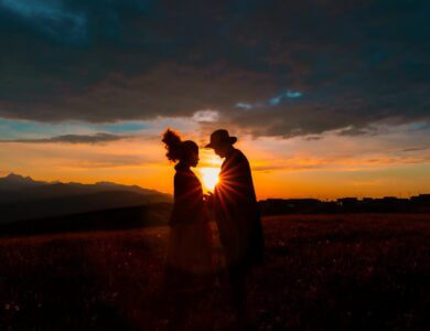 sunset, silhouettes, romantic