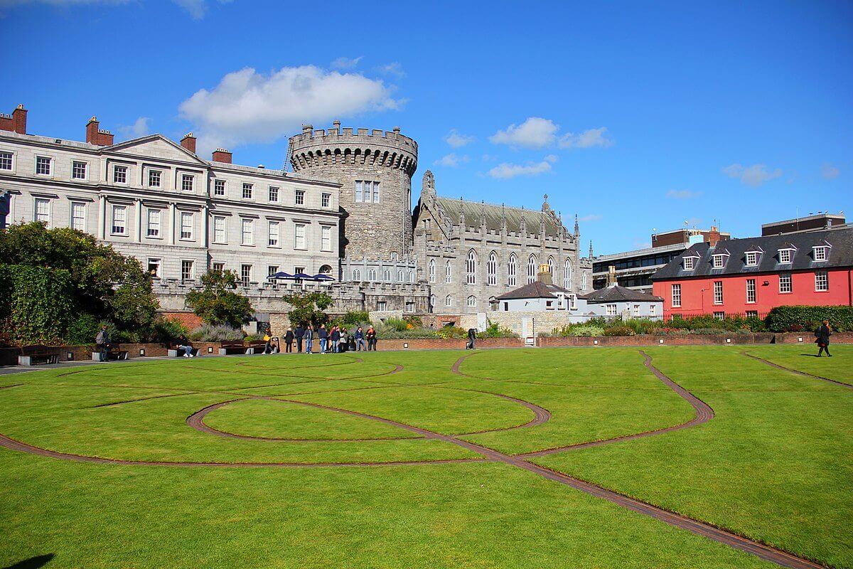 The Dublin Castle front gardens on a sunny day