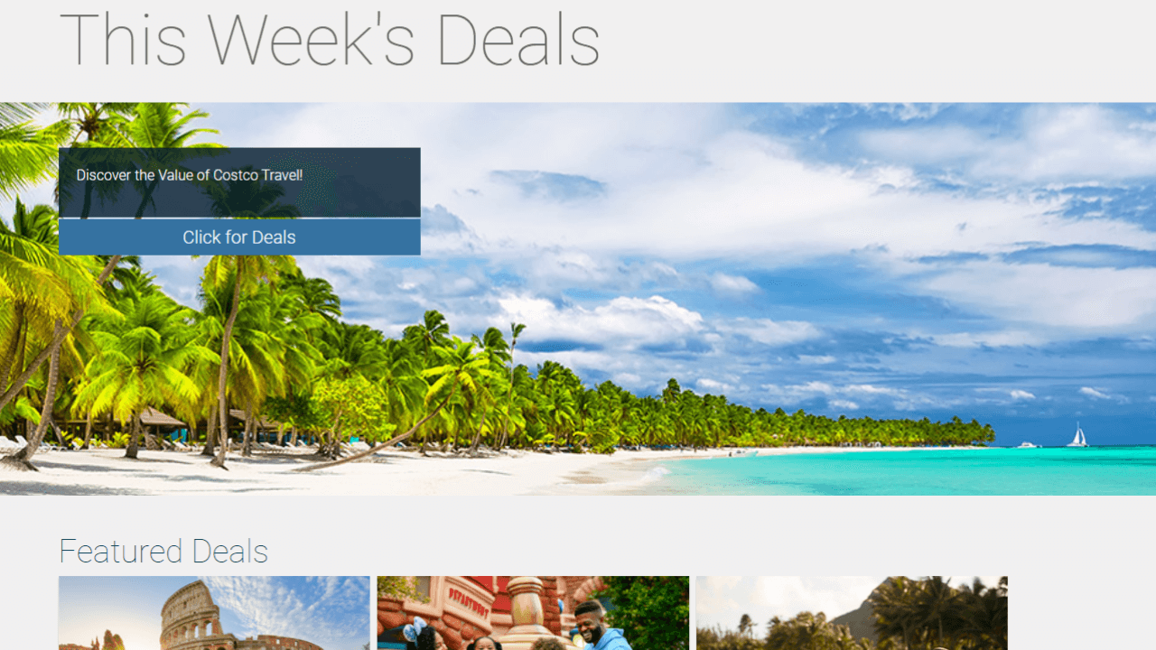 homepage of costco travel with the featured deals they have to offer at the time 