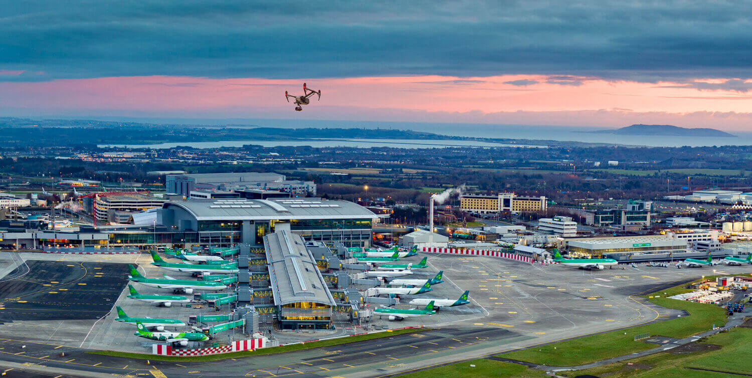Overview shot of the Dublin Airport at sunset