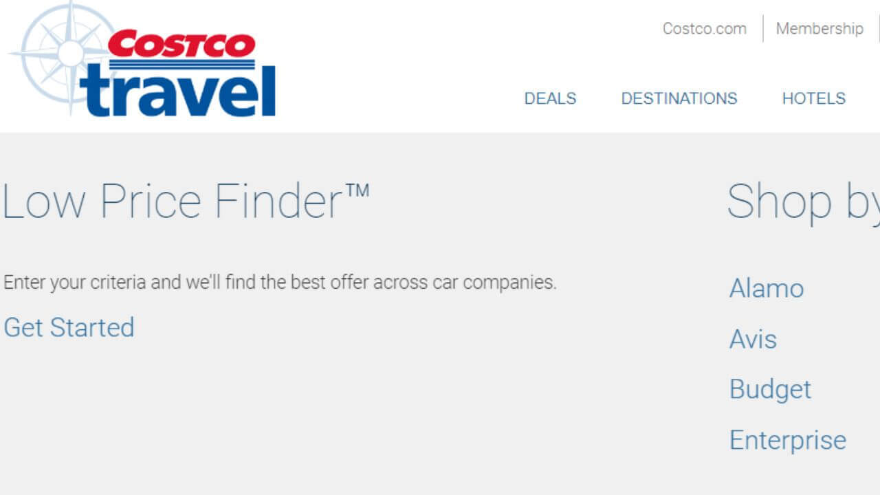 Rental car page on costco travel showing the different brands of rental cars and the low price finder costco has to offer