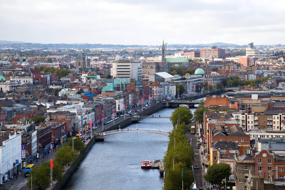 Skyline of Dublin - a sunny day with sights of many tourist attractions in Dublin