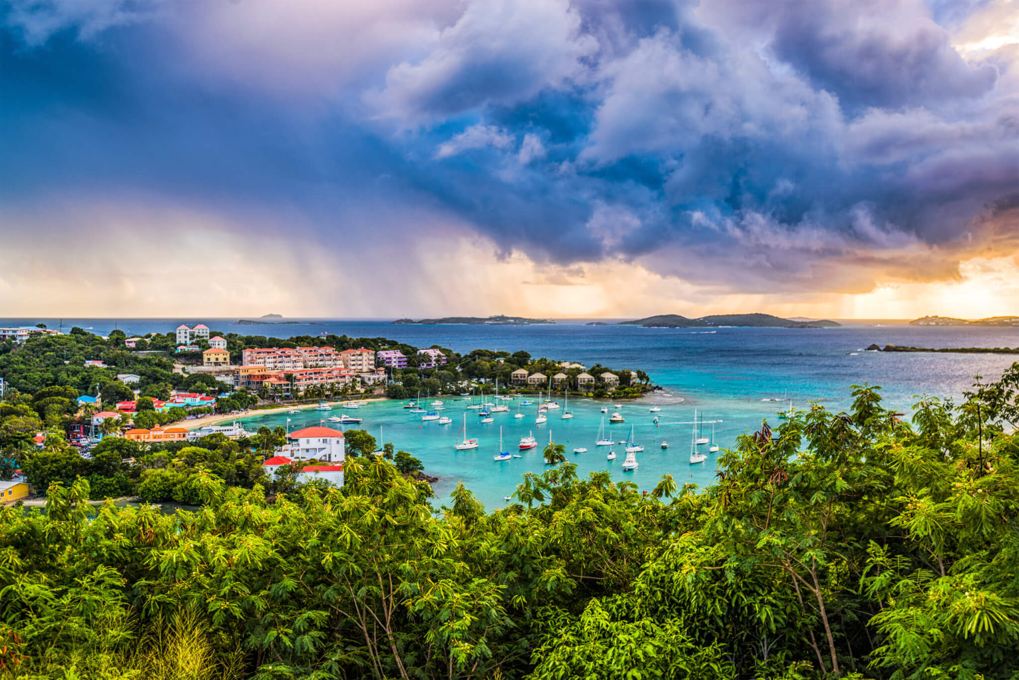 Cruz Bay St. Johns, U.S. Virgin Islands with storm clouds.
