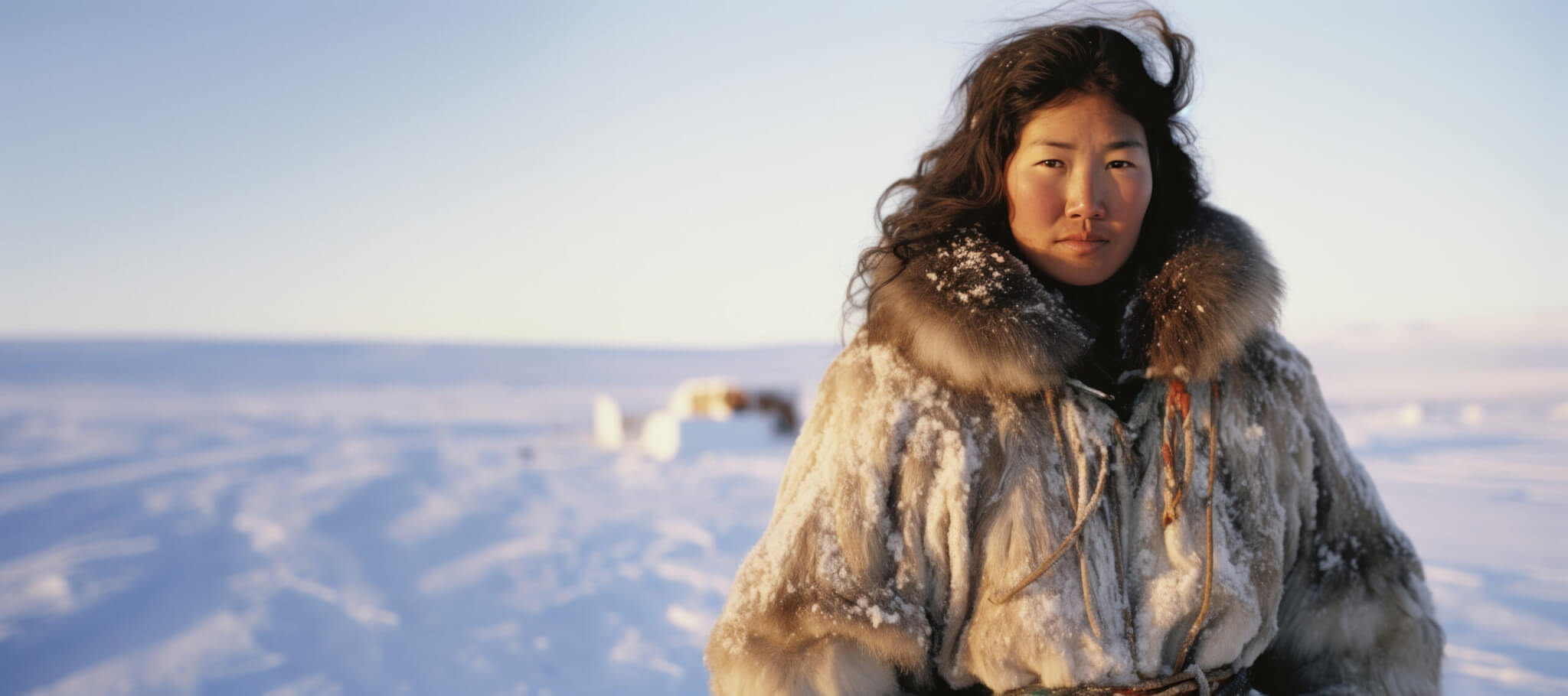 Inuit woman in traditional fur attire in Alaskan wilderness
