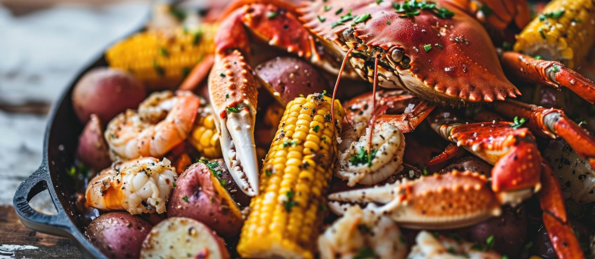 Southern garlic crab seafood boil with Alaskan crab legs, new potatoes, corn, and shrimp platter.