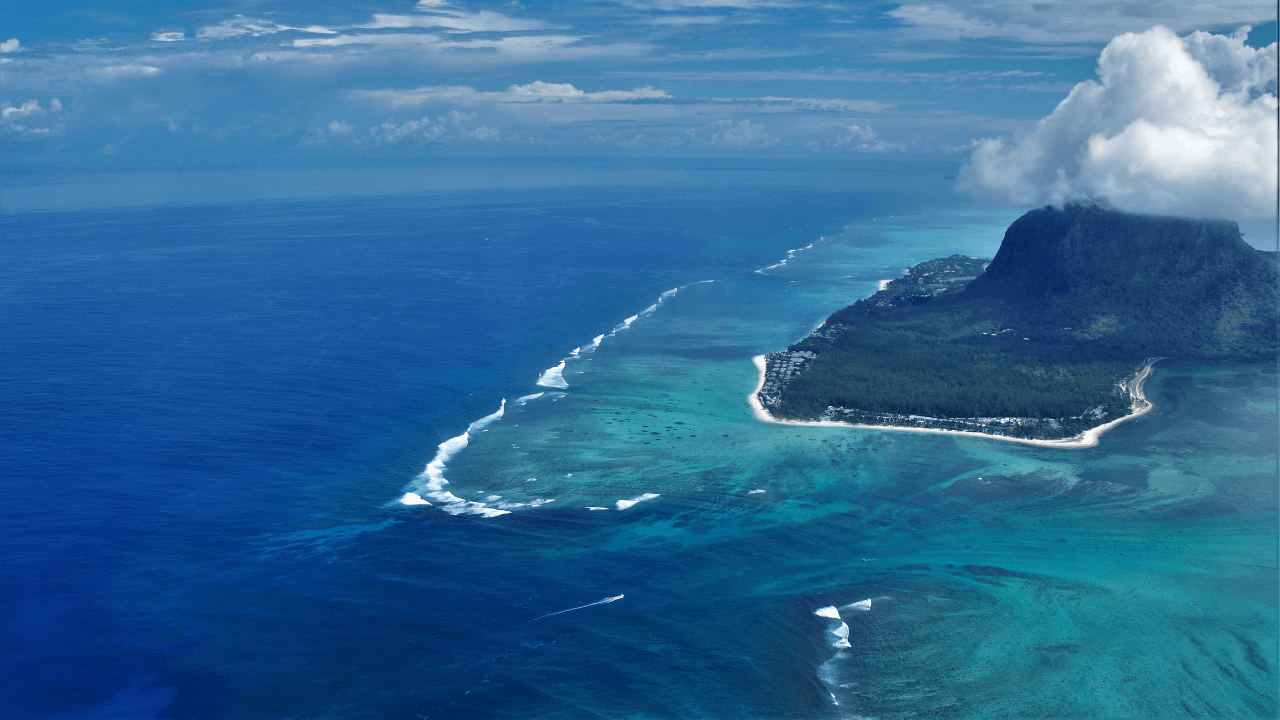 scenic aerial view of the underwater waterfall in mauritius 