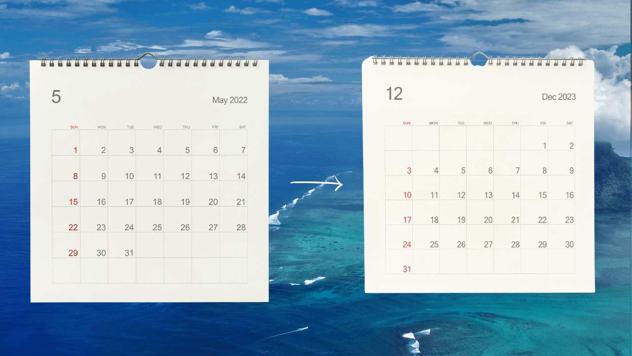 two calenders with mauritius island in the background, may calendar with an arrow pointing to the december calendar 