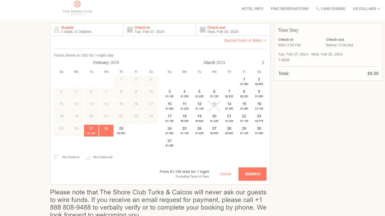 booking process on the shore clubs website