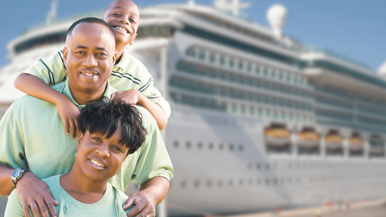 family of three in front of a cruise ship waiting to board for their vacation