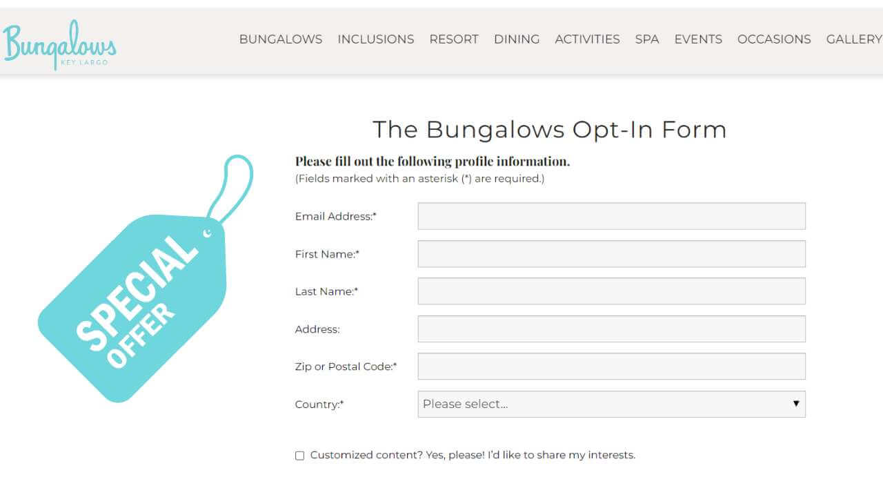email sign up form on bungalows key largo website to receive special deals 