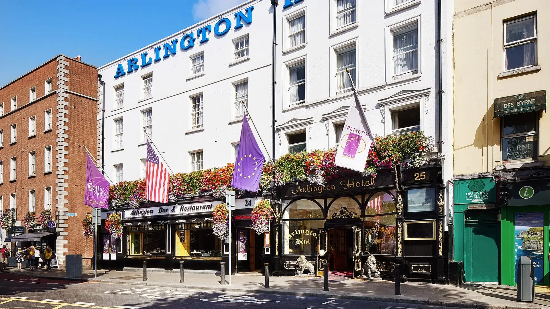 Exterior view of The Arlington Hotel which is located in the very populated Dublin city center