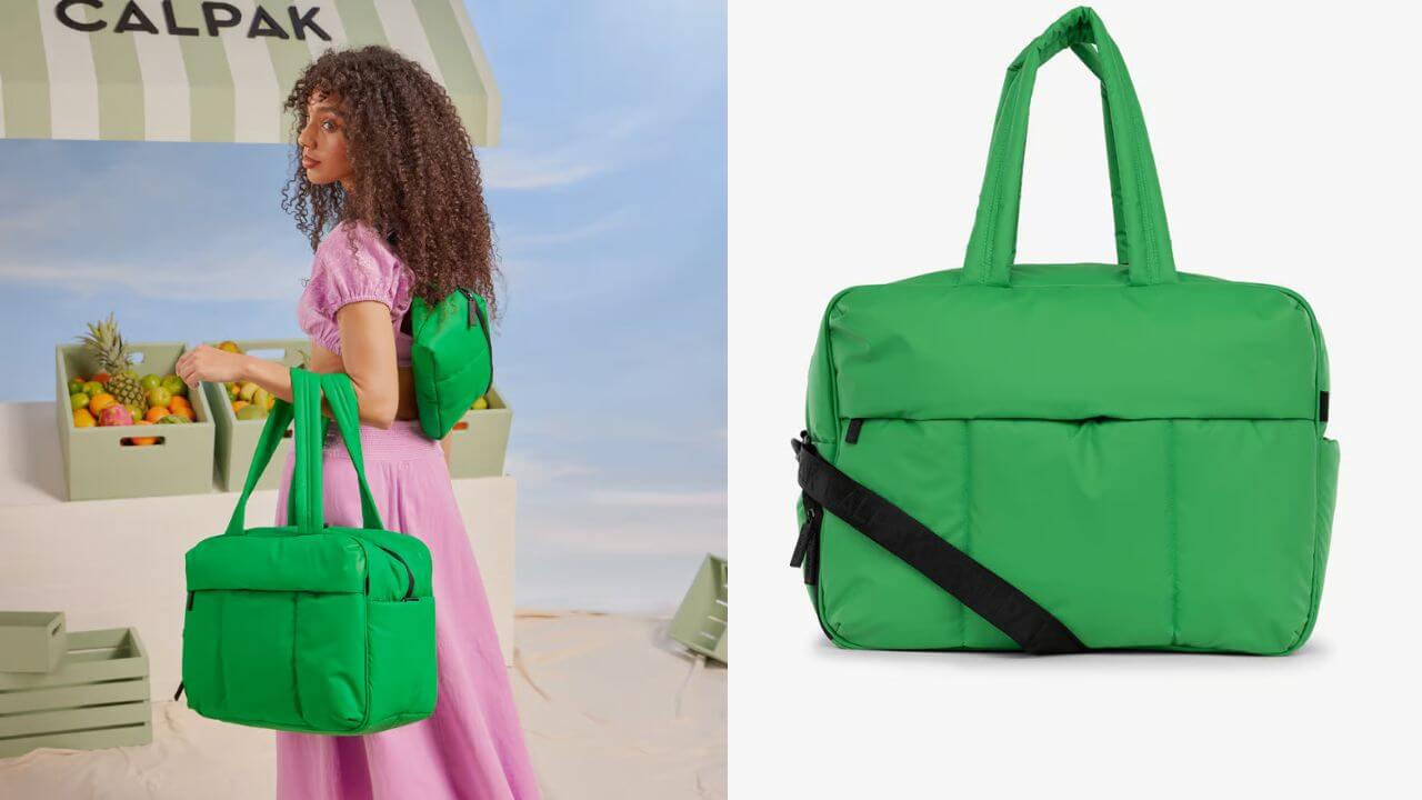 calpak stylish but functional green weekender bag