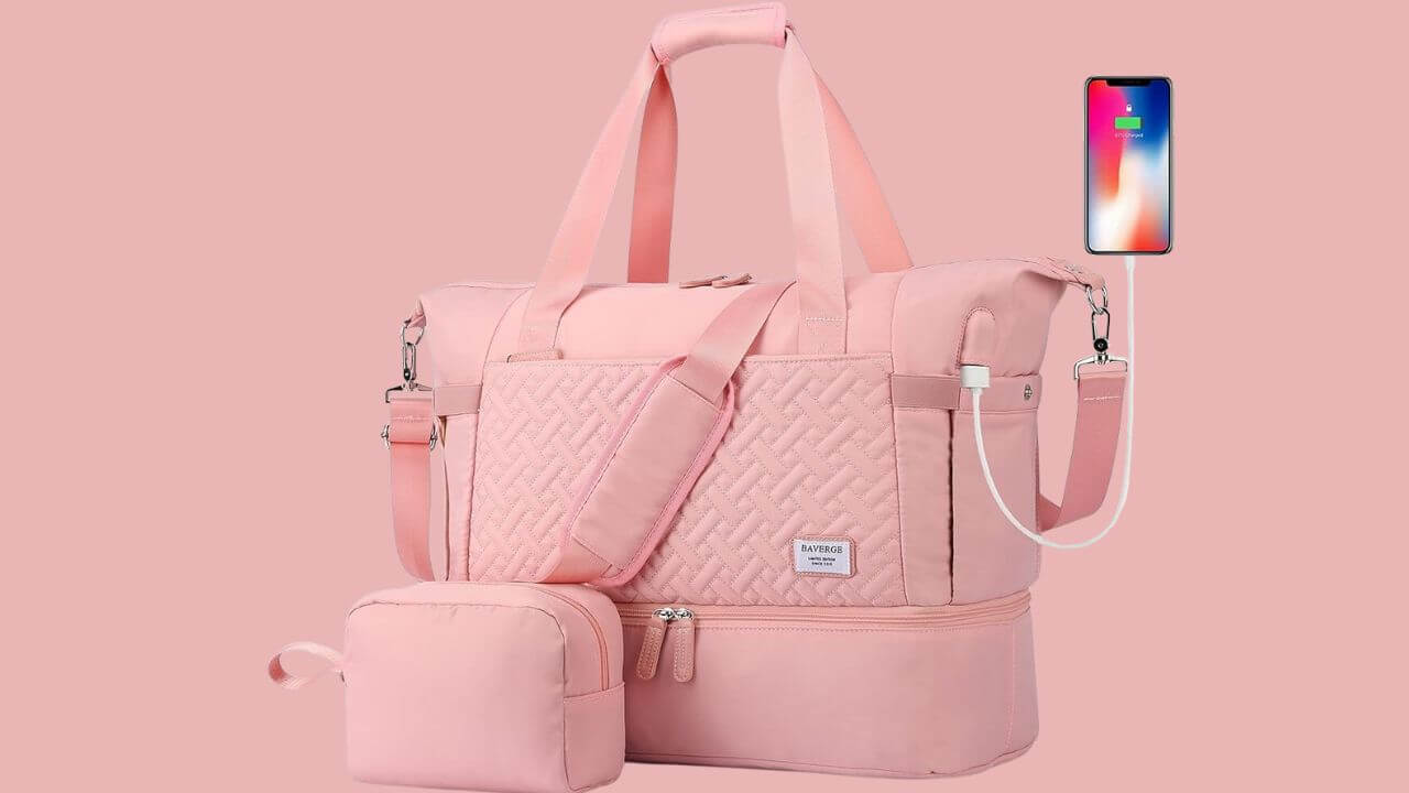 pink duffle bag with built in charger