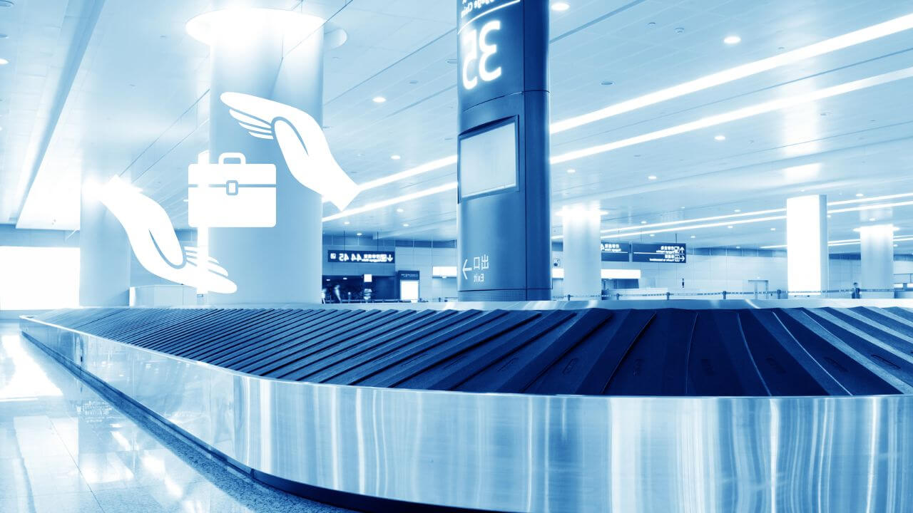 empty baggage claim and graphic with lost luggage