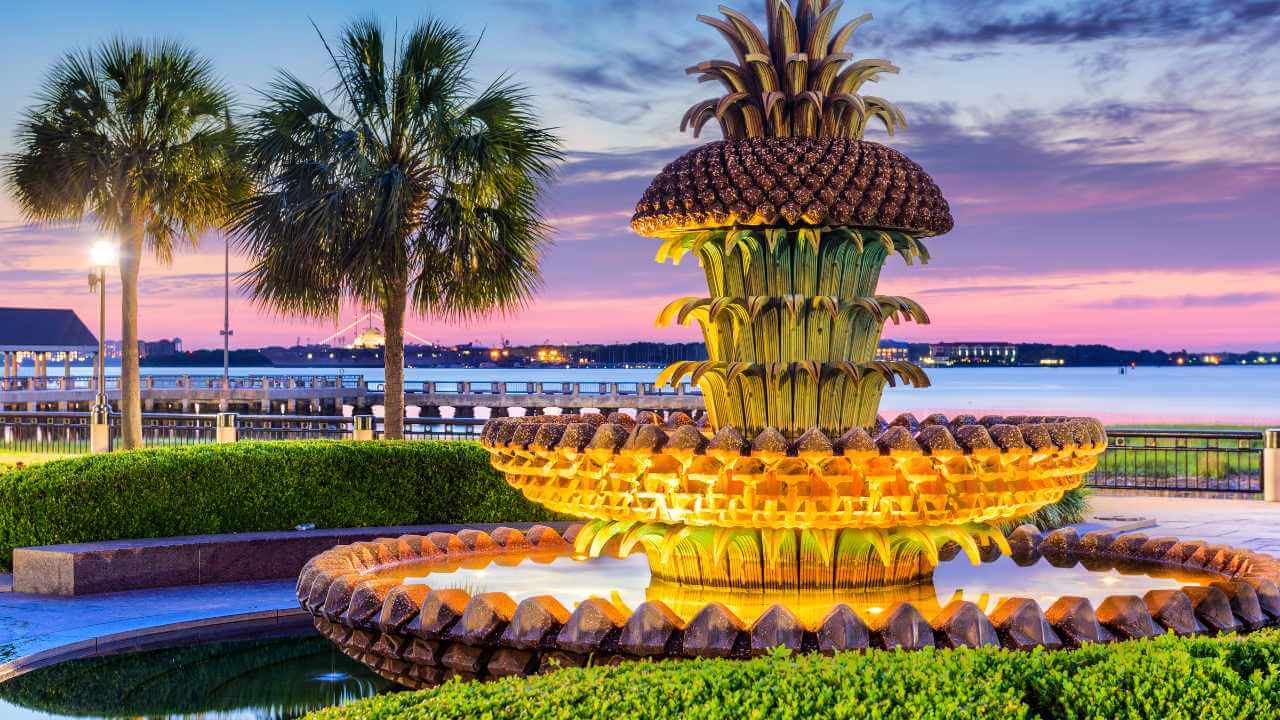 pineapple fountain during sunset