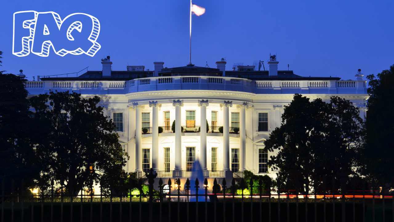 the white house lit up at night time with faq in the top left corner