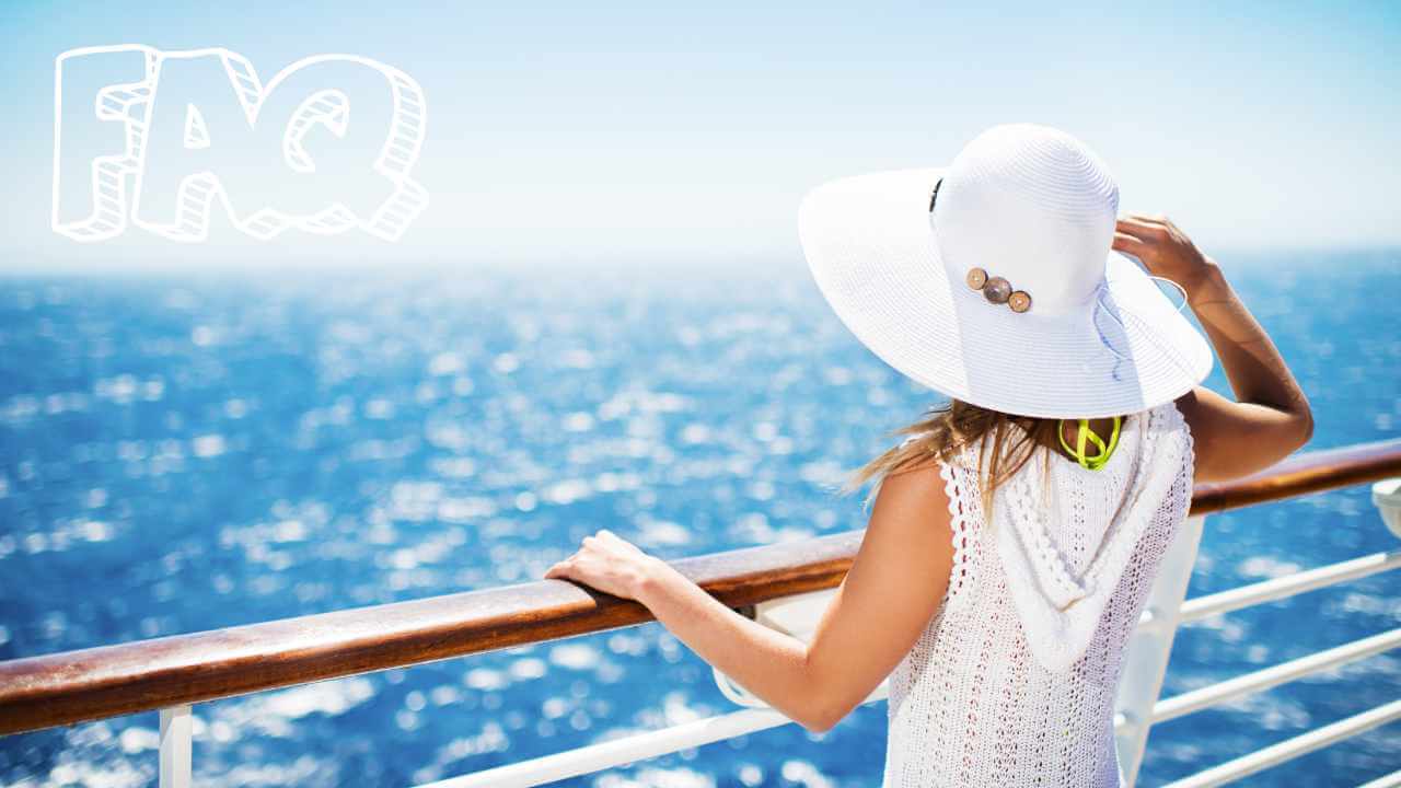 woman with a sun hat on looking out into sea on a cruise ship with faq in top left corner