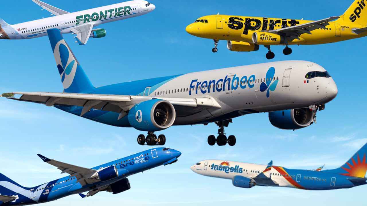 budget airlines like breeze, spirit, frontier, alligent and french bee 