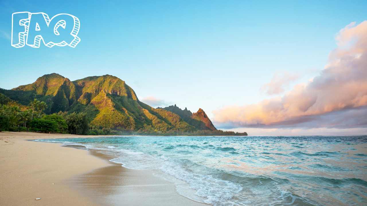 beach and mountains in hawaii with faq in top left corner 