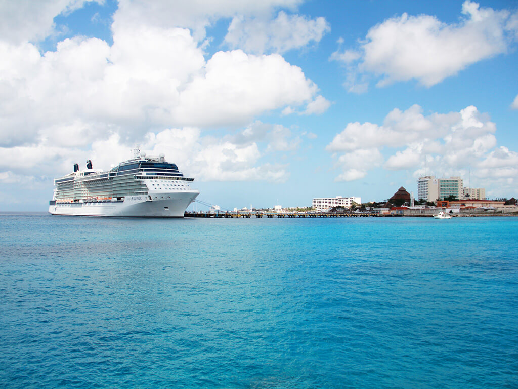 Cruise port in San Miguel de Cozumel; the ship pictured is the Celebrity Equinox.
