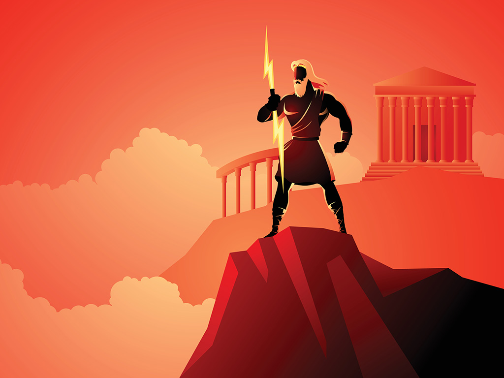 Greek god and goddess vector illustration series, Zeus, the Father of Gods and men standing on mountain Olympus