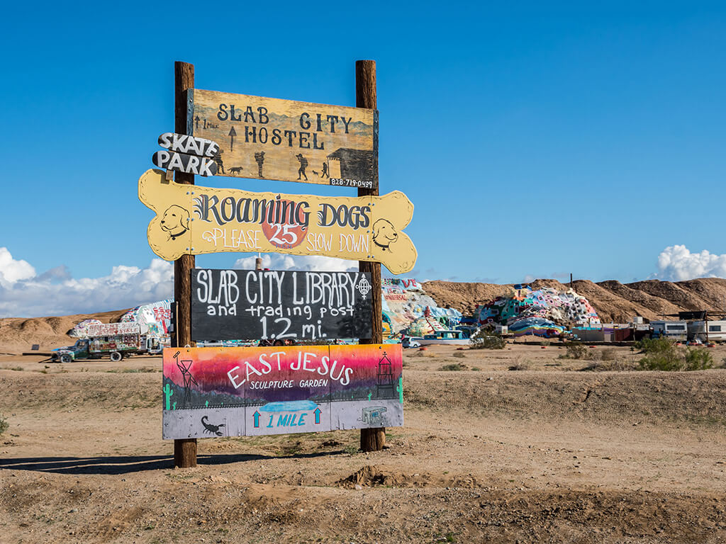 Salvation Mountain, CA, USA -December 24, 2019: A welcoming signboard at the entry point of the city