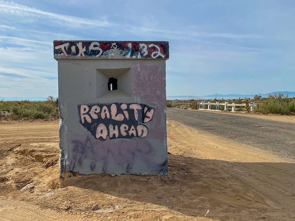 Slab, City, December 27, 2023: The Famous Slab City, California, where an independent community has grown to take over the Dunlap Army Base Site looking at a an abandoned Guard Point Painted
