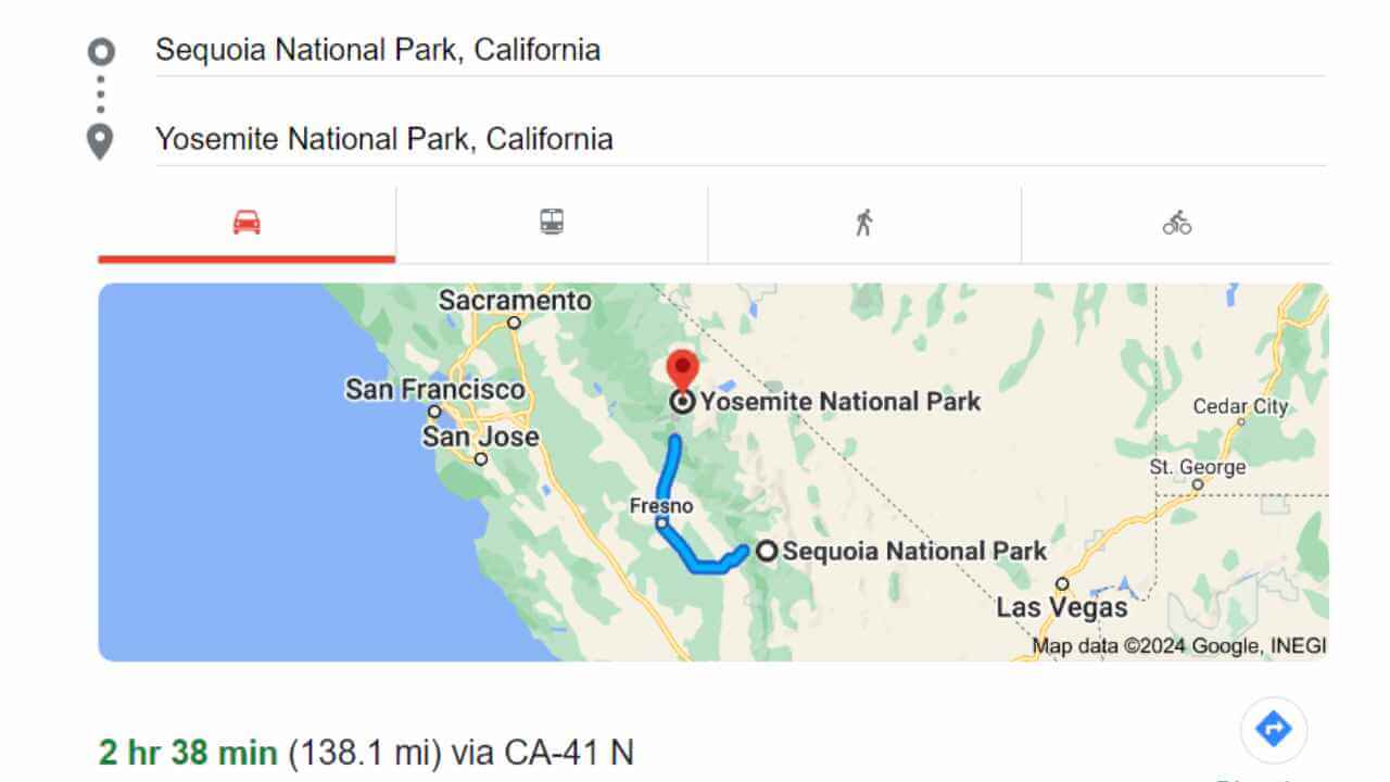 distance on a map from google from yosemite to sequoia