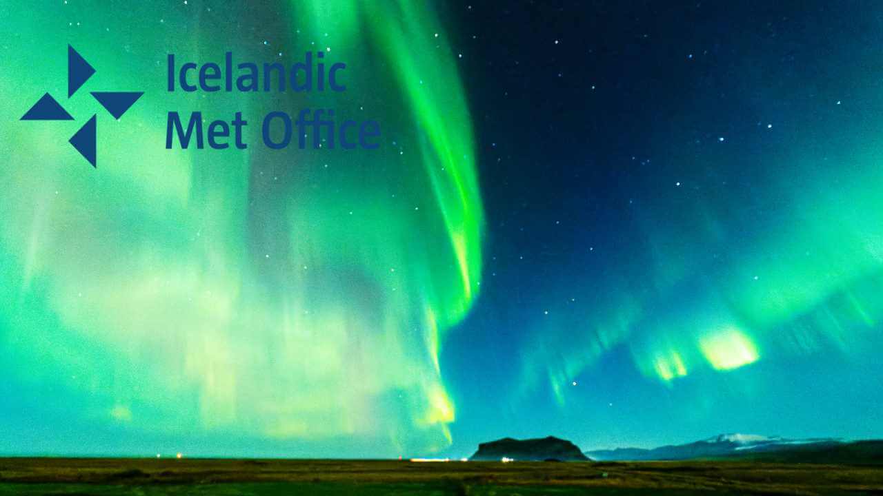 iclandic met office logo in front of the blueish green northern lights