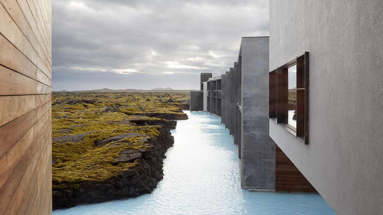 view of the retreat at the blue lagoon iceland with the blue lagoons steps out of the hotel