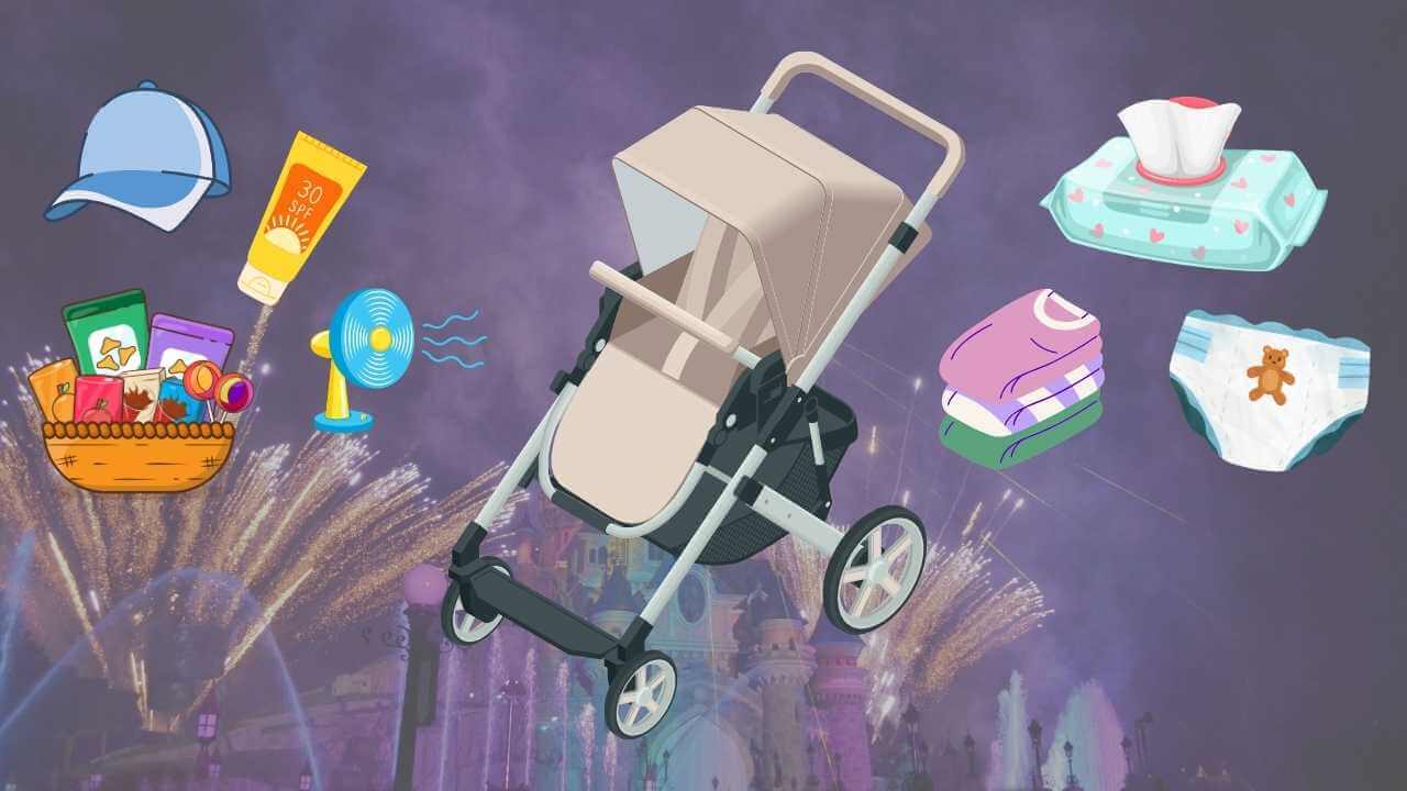 stroller with graphics of diapers, wipes, snacks, clothes, sunscreen and a fan with a castle in fireworks in the background