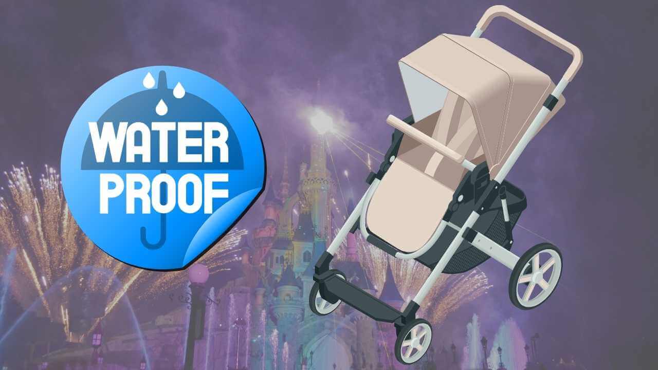 stroller and waterproof graphic in front of a castle with fireworks