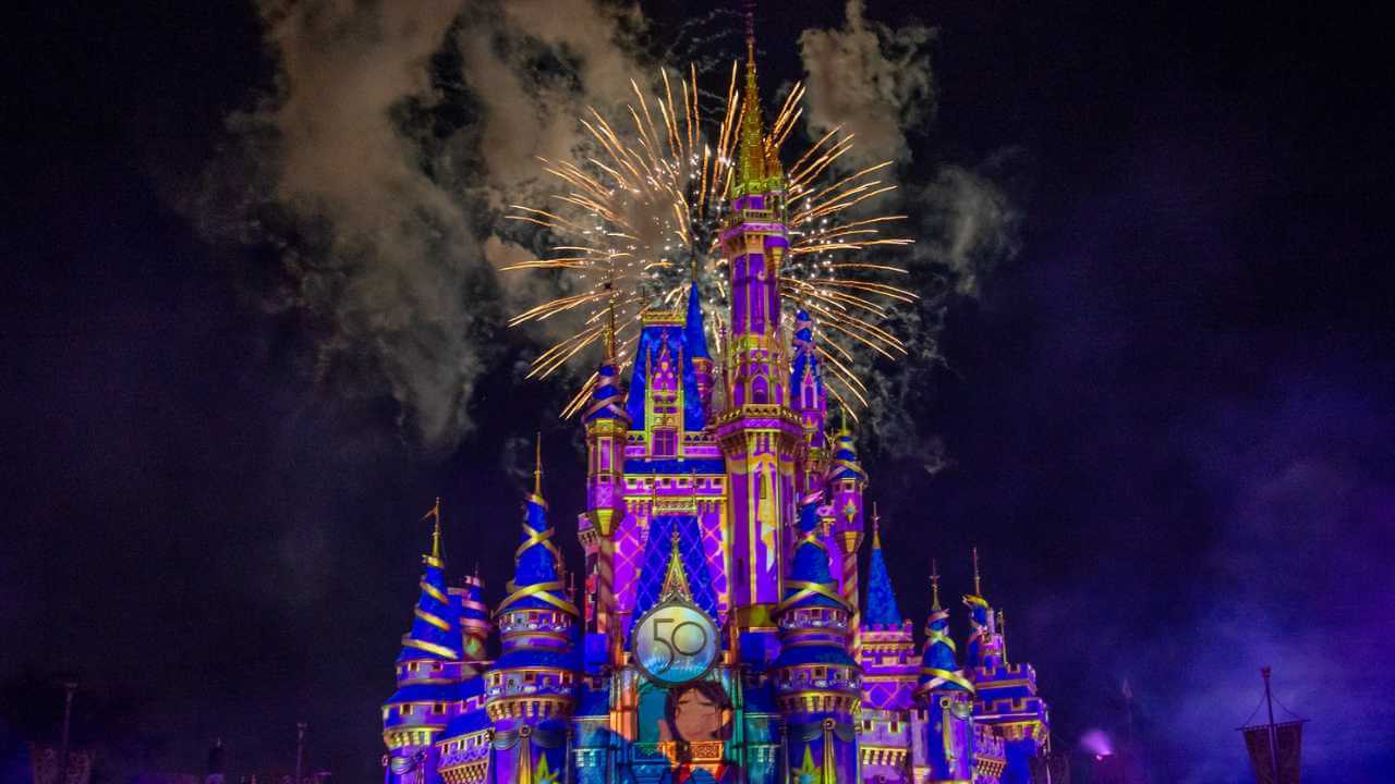 magic kingdom cinderella castle with fireworks in background and 