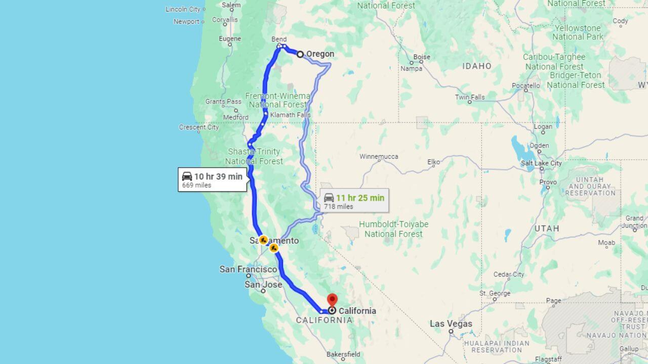 a map showing the route for a road trip to California