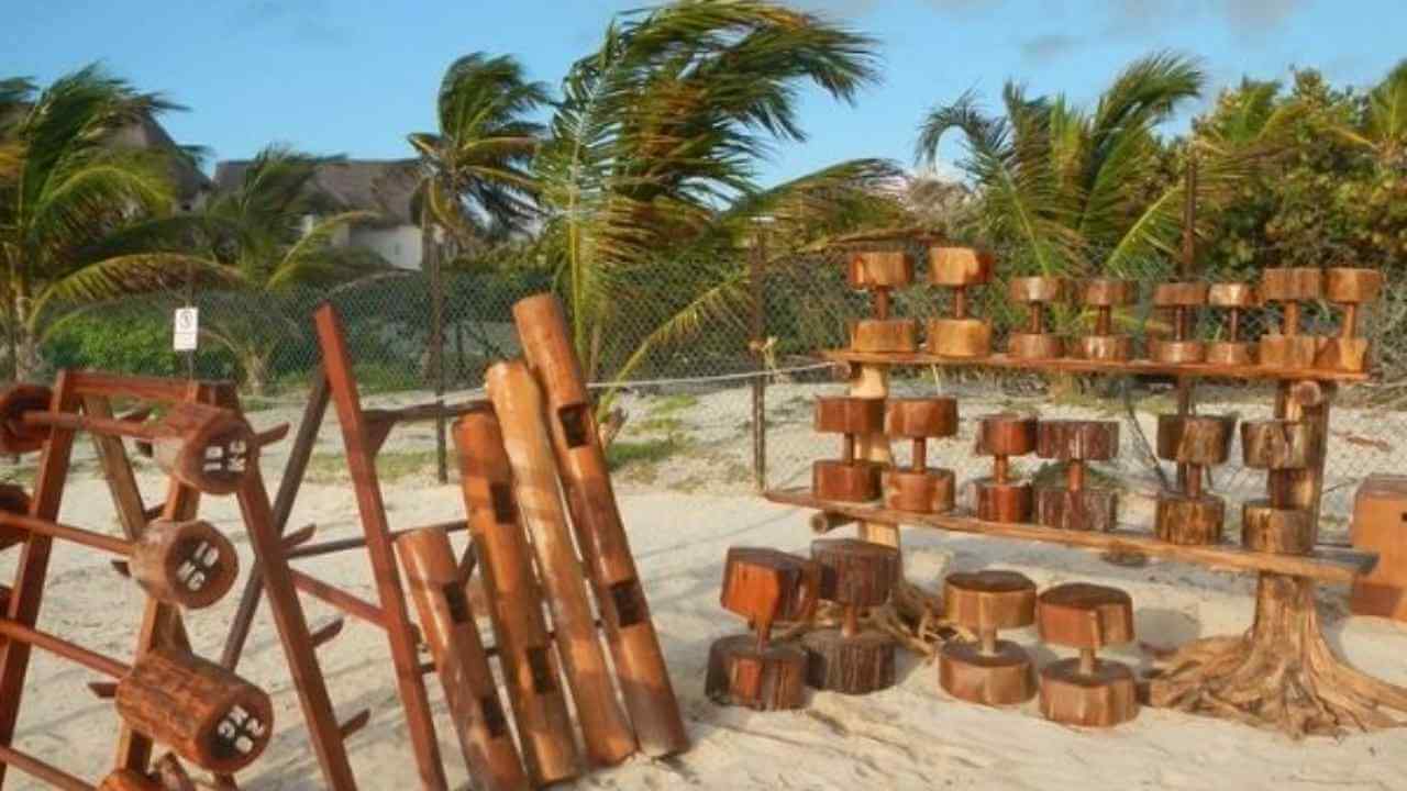 bamboo equipment at beach location of tulum jungle gym